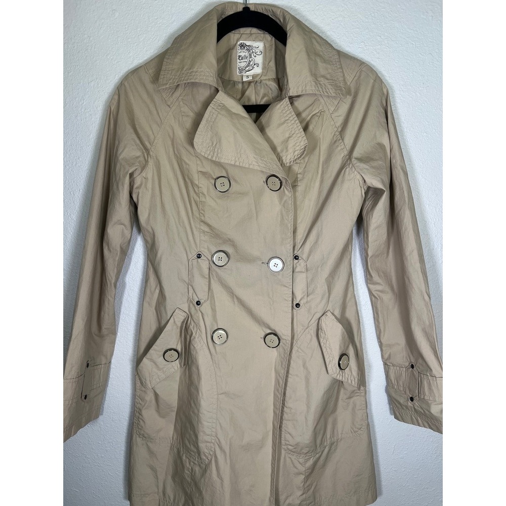 Tulle Trench Coat Small Tan Double Breasted Lined Back Cinch Jacket Minimalist